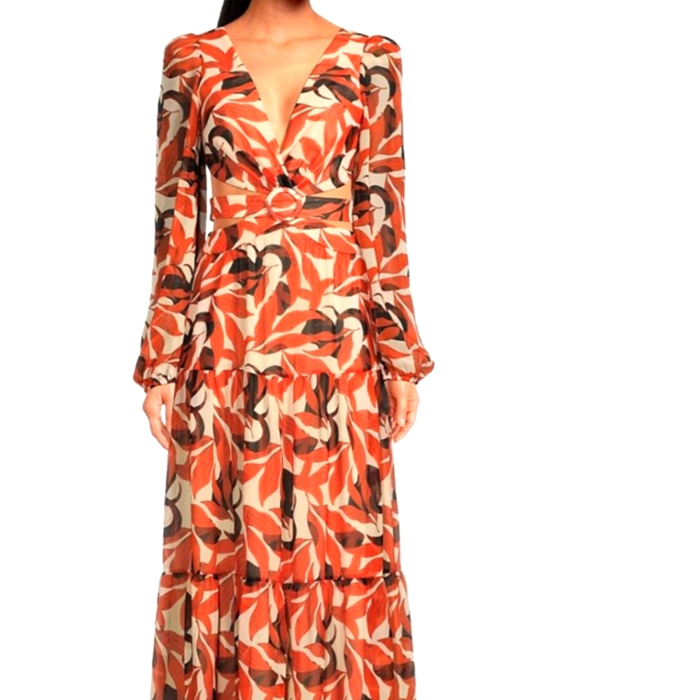 NWT Size 10 Gianni BiniLillian Copper Palm Print Long Sleeve Deep V-Neck Cut-Out